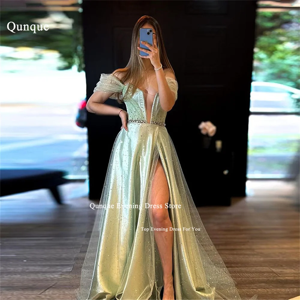 

Qunque Sparkly Mint Green Evening Dresses Glitter Shiny Off The Shoulder Robes De Soirée Slit Vestidos De Fiesta Elegantes 2024