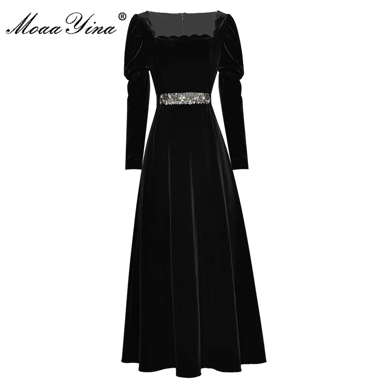 MoaaYina Fashion Designer Autumn Winter Dress Women Square Collar High waist Beading Long sleeve Black velvet Dress