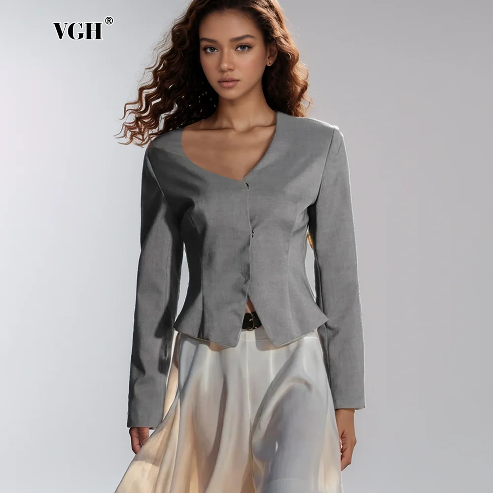 VGH Irregular Solid Patchwork Hidden Breasted Casual Blazer For Women Diagonal Collar Long Sleeve Minimalist Slim Blazers Female