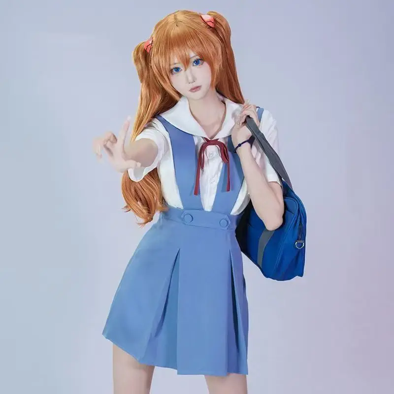 

Anime EVA Asuka Langley Cosplay Costume Women Blue White JK Uniform Set School Outfit For Halloween Party Comic Con Outfit