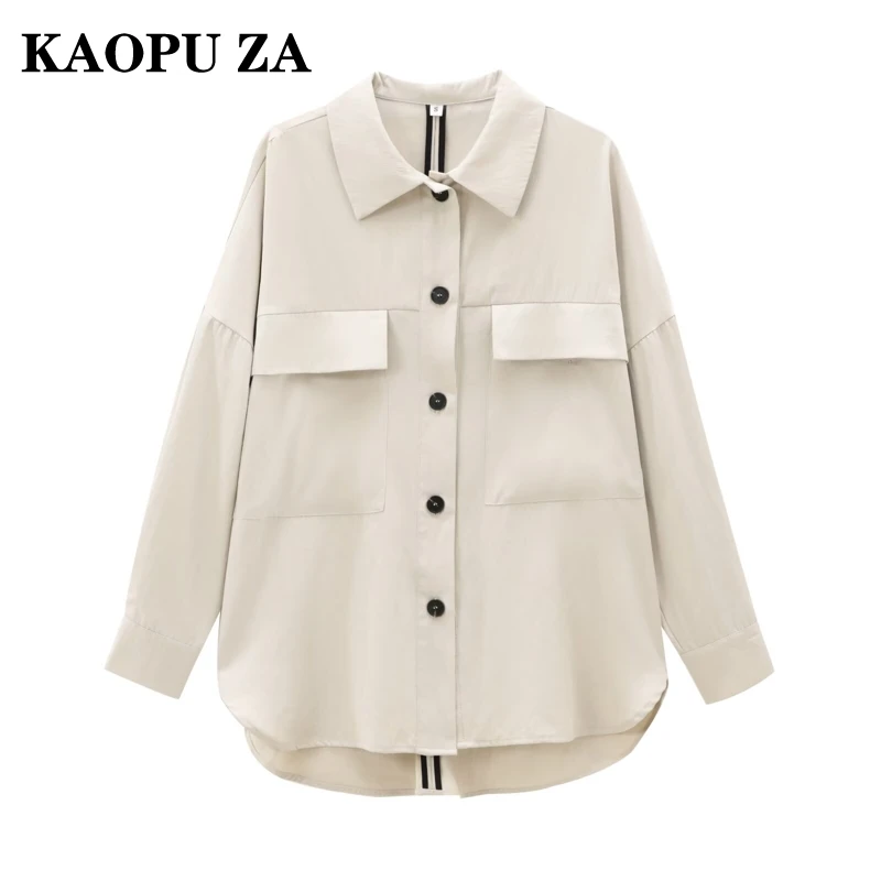 KAOPU ZA 2024 Autumn Woman Casual Long Sleeve Coat Female Vintage Turn-down Collar SingleBreasted Jacket Solid Color Pockets Top