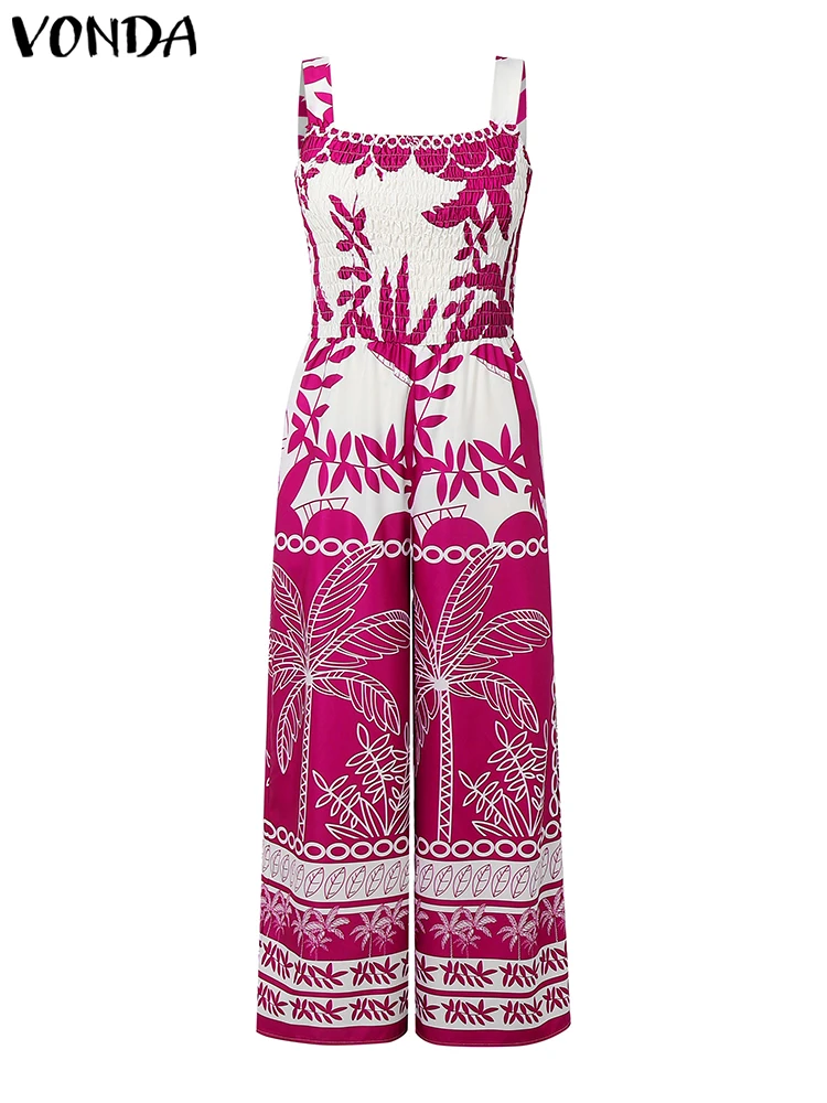 VONDA Bohemian Long Jumpsuits Women Summer Straps Floral Print Rompers 2025 Sleeveless Pockets Beach Overalls Loose Playsuits