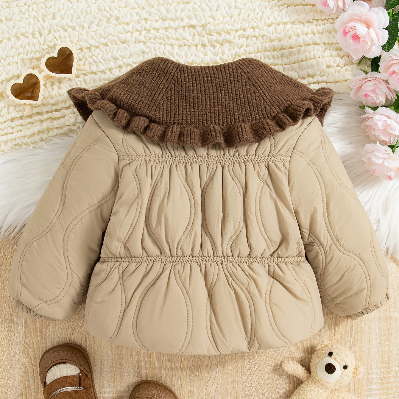 Winter New Girls Turned Cotton-padded Clothes Bow Silk Lead Button Solid Color Wave Texture Plus Cashmere Thick Coat for Baby