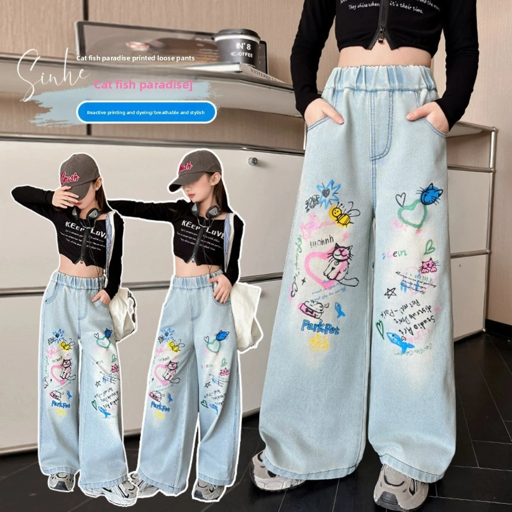 

Straight Teen Girl Jeans Graffiti High Waist Children Cartoon Jeans Wide Leg Loose Girls Denim Trousers Kids Children