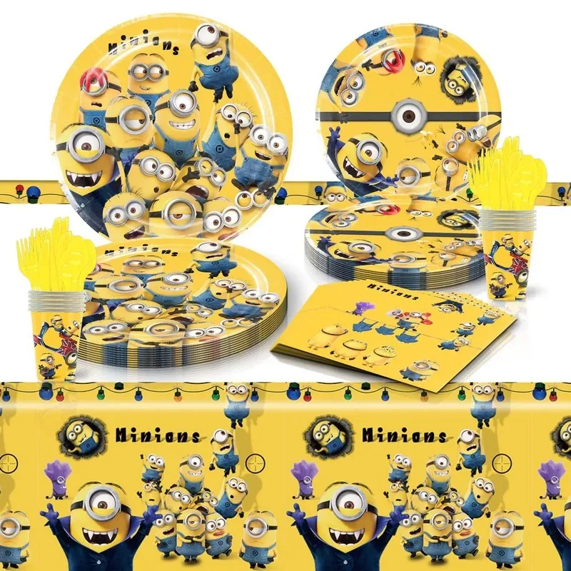 

81pcs/set Minions Family Theme Birthday Party Decorative Supplies Holiday Tableware Forks Spoons Flag Party Decorations Set Gift