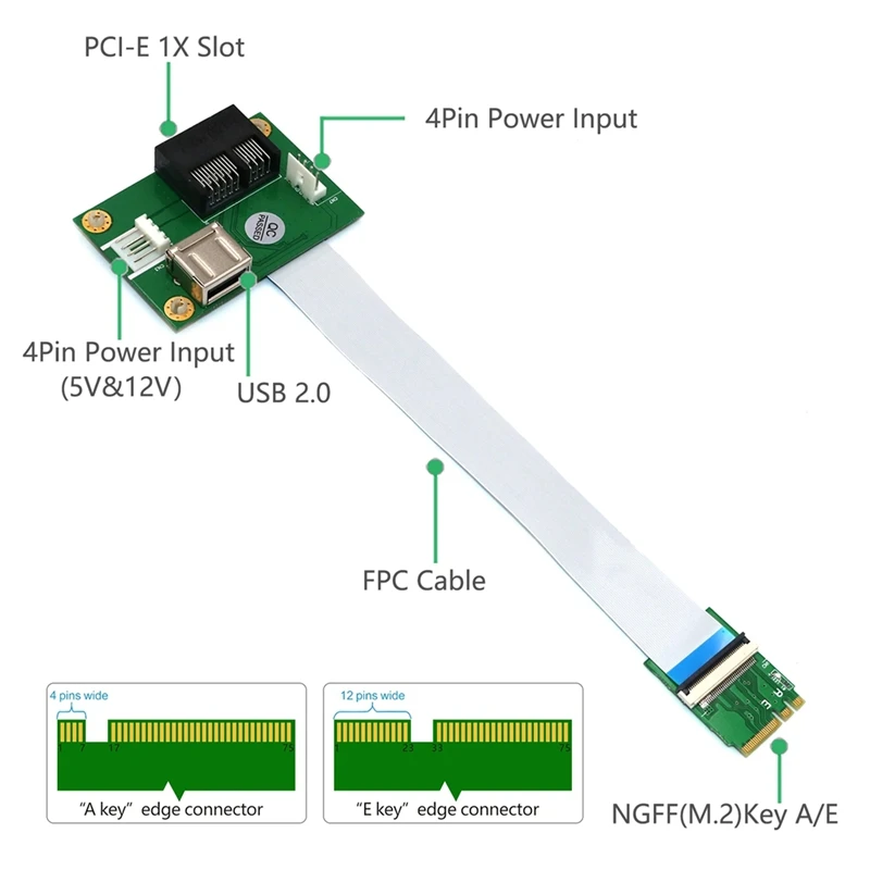 PCIE Riser NGFF M.2 Key A/E к PCI-E Express X1 + USB-адаптер Riser Card с кабелем FPC 4-контактный кабель питания