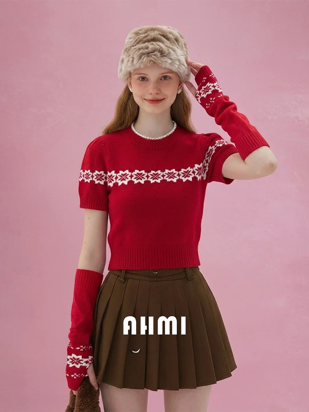 

AHMI Felted Wool Knitwear Soft Cozy Aosphere New Year Red Sweater with Sve Covers Autumn Winter Girls Faionable Slim Fit