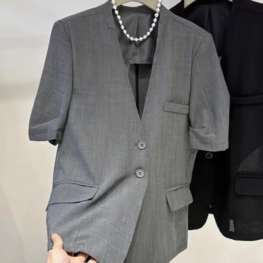 Slimming V-Ne Wide-Sle ort-Sve Suit Jaet Faionable Outerwear Commute Sle Polyester Casual Regular Length