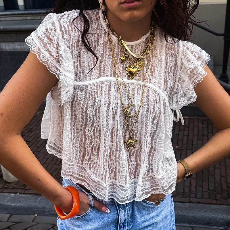 Fashion Solid Short Sleeved Loose T-Shirt Sexy Lace Splice Perspective Beach Holiday Top Casual Short Sleeved High Waist T-Shirt