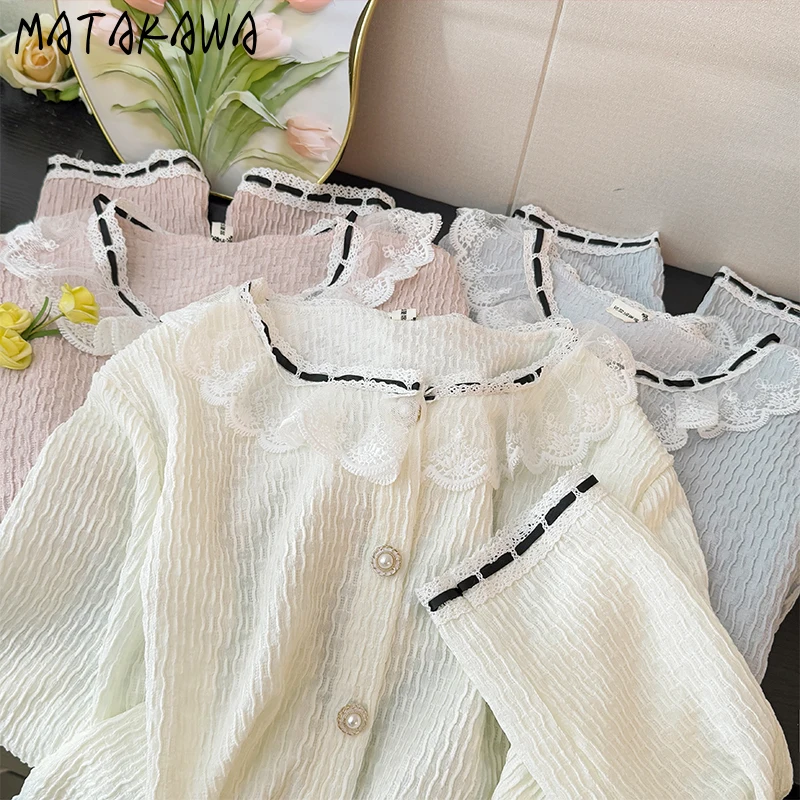 

Matakawa Lace Peter Pan Collar Blouses Spring Autumn Ruffles Elegant Women Shirts Korean Fashion Sweet Vintage Blusas Mujer