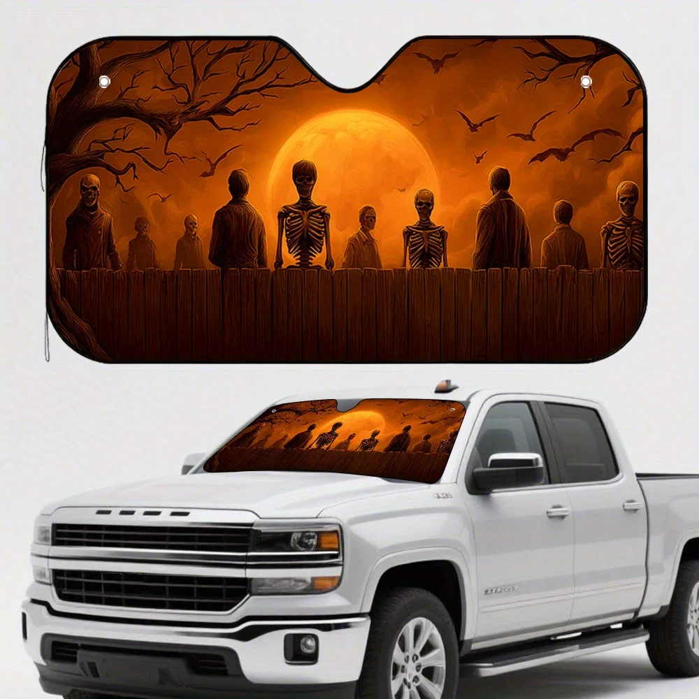1pc 2D Flat Halloween Night Gathering Design Car Sunshade – Foldable & Stylish, Keeps Your Car Cool, Easy Install With 4 Suction