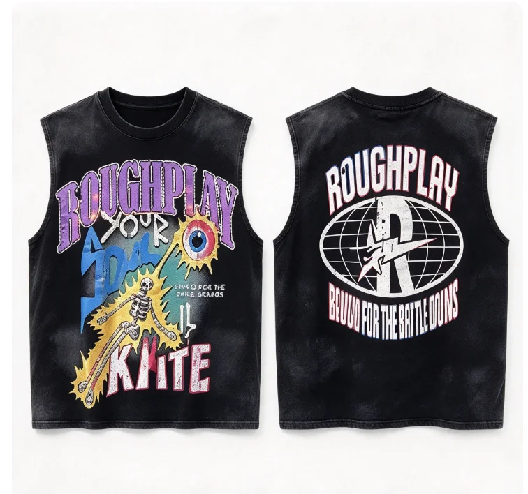 2026 new Washed tank top, double-sided print of sun eyeball skeleton and globe logo, American punk retro loose fit.