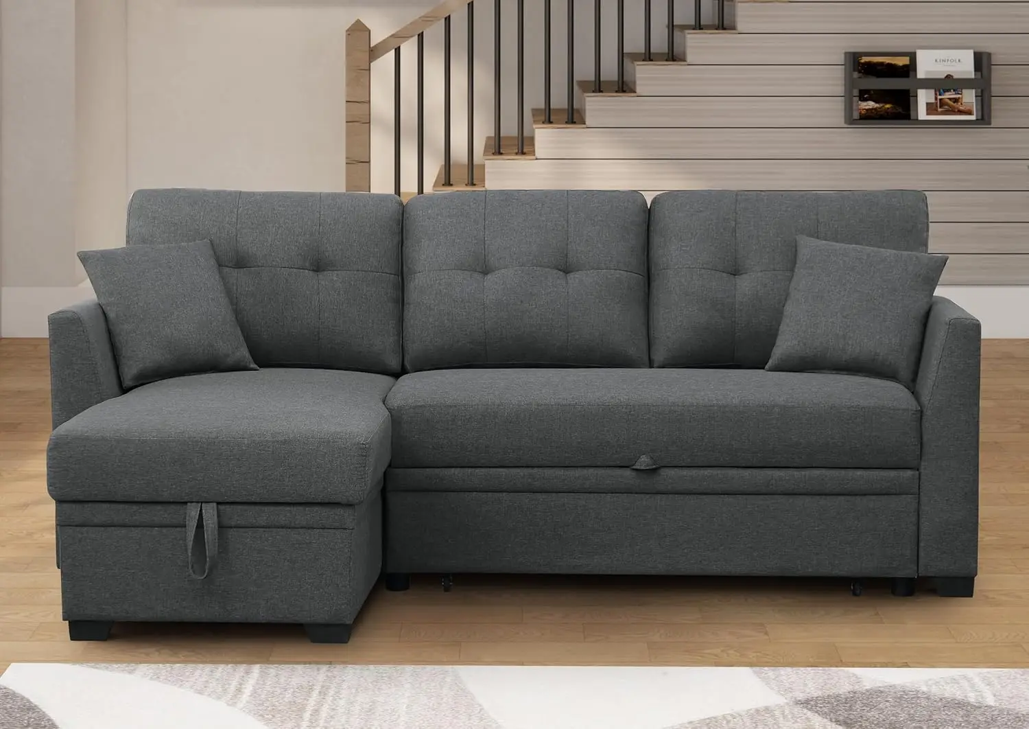 L Shaped Sectional Sleeper Sofa Couches Pull Out Sofabed with Storage Chaise,Removable Back Cushions, Reversible Pullout Sofa&Co