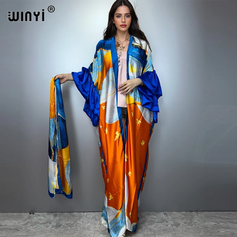 

WINYI Summer Kimono party dress Beach Wear Swim Suit Cover up Africa women boho puff(ed) sleeves Cardigan sexy Holiday kaftan
