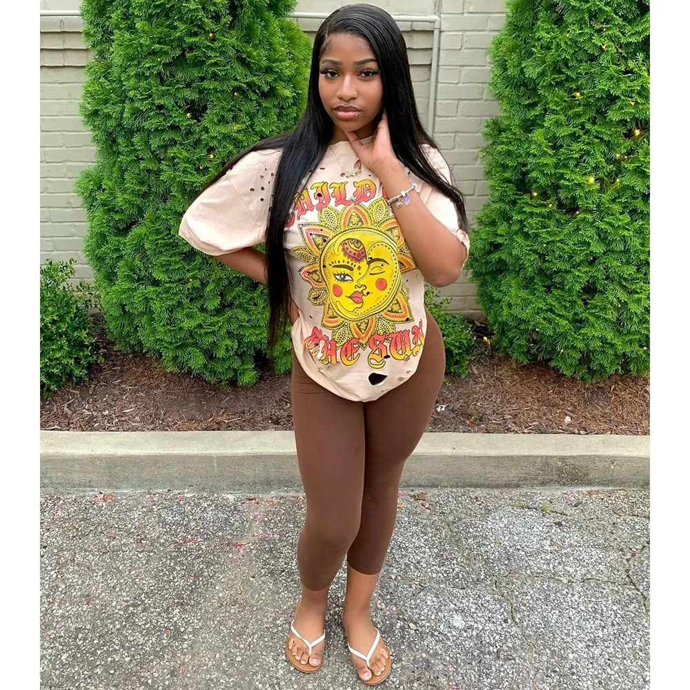 Damen ort Sve T-Shirt, lässig, SLE Thiened Baumwolle, bedruckt, gebrochenes Loch-Design, lockere Passform, Herbstkleidung, Damen-Top