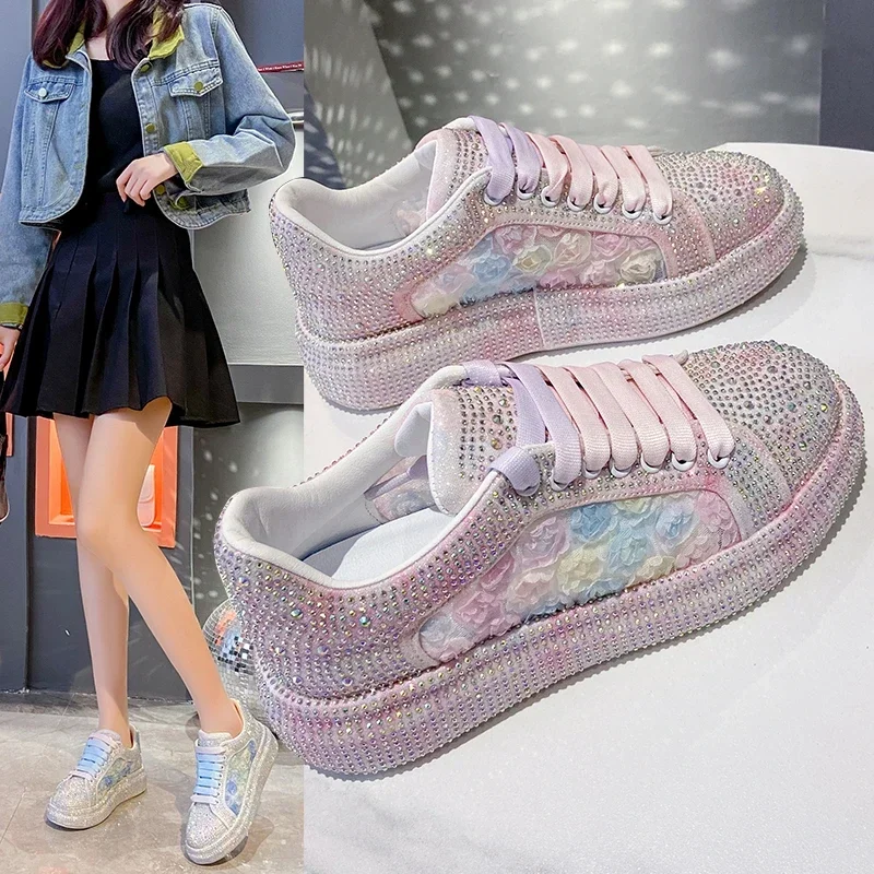 2024 Summer Spring Women Shoes New Style Fashion Pink Platform Shoes Ins Platforms Sneakers Tide Shine Bling Rhinestone Shoes