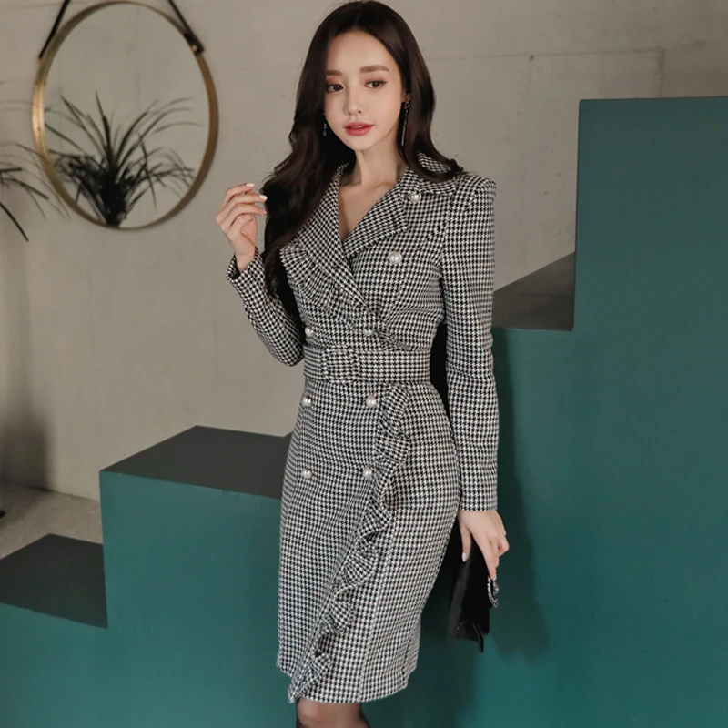 

Temperament double breasted slim fit dress style houndstooth HN752085