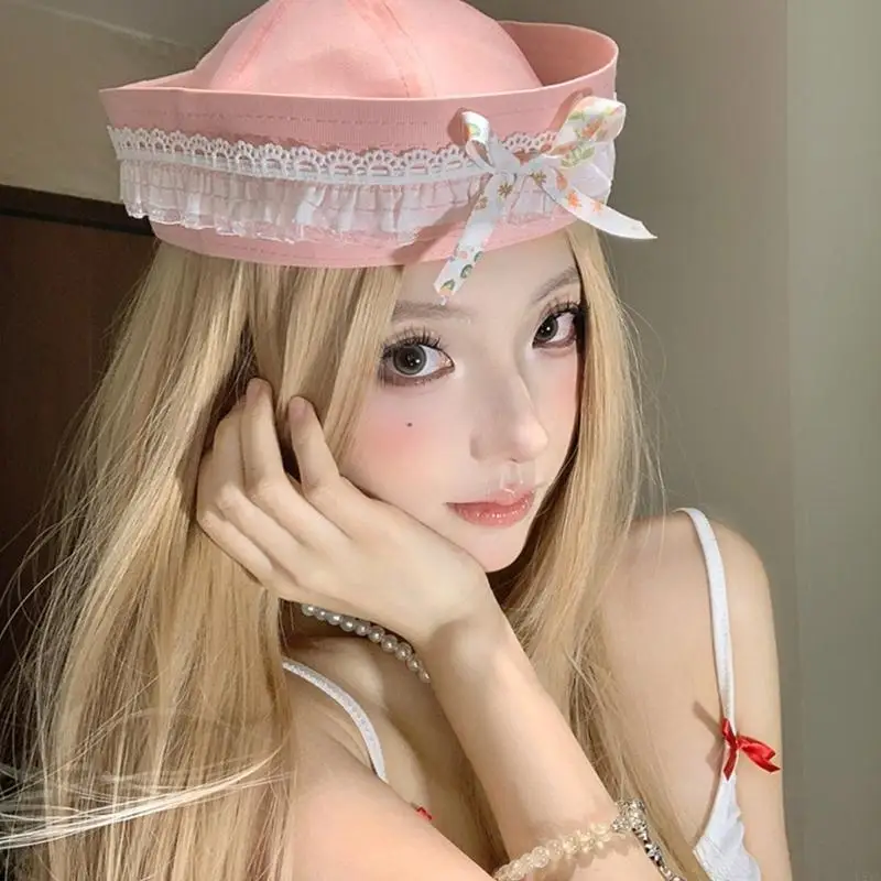 L5YA للجنسين قبعة البحارة قبعة مزخرفة بعقدة على شكل فيونكة قبعة بأربطة جميلة للارتداء اليومي #2