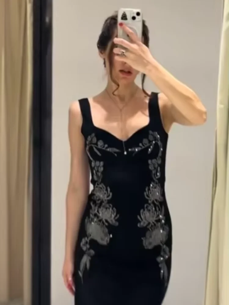 Feminino chique impresso lantejoulas colete vestido sem mangas fora do ombro sem costas vestidos de camisola 2026 moda primavera nova senhora vestido de festa