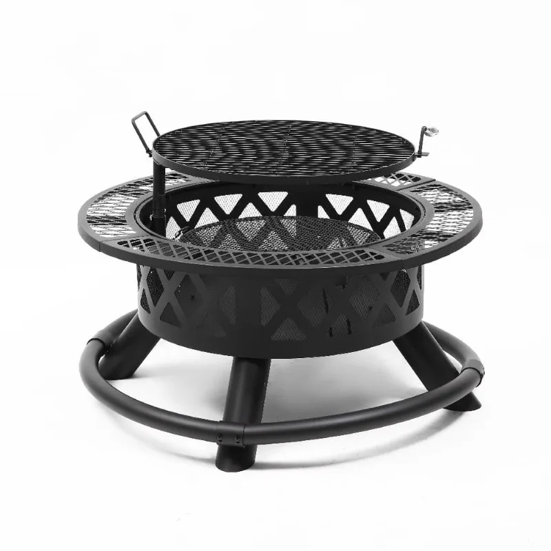 2026 Outdoor Steel Fire Pit With Cooking Grate Charcoal Pan Wood Burning BBQ Grill Round Table Firepit For Patio