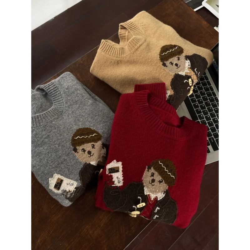 D111503~Korean Idle Style~Women's Wool Three-Dimensional Bear Embroidery round Neck Sweater Autumn and Winter Warm Sweater