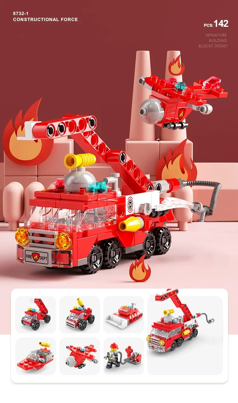 Mini-Bausteine, 6-in-1, DIY-Polizeiauto, Feuerwehrauto, Schloss, Modellsteine, Kinder, Lernspielzeug, Geschenke – Detail 2
