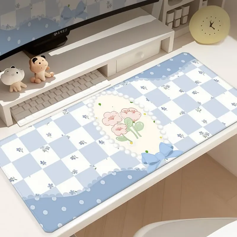 Spring Bow Aesthetic XXL PU Leather Long Desk Mat | Girls Office Keyboard Large Mouse Pad, Cute Study Desk Decor for Computer