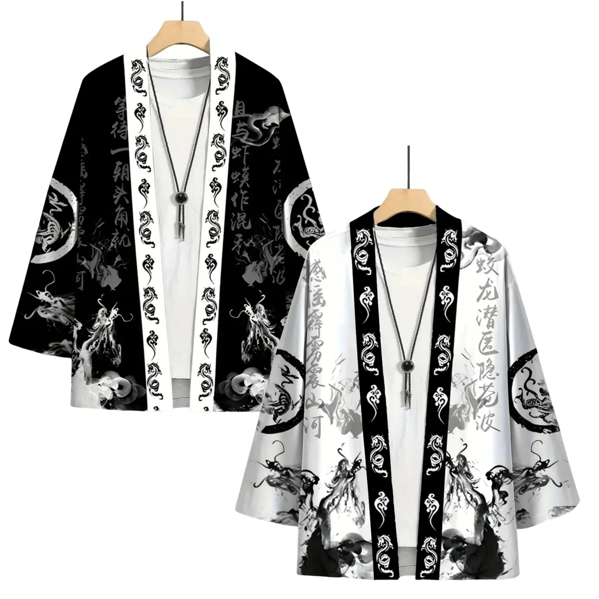

Мужское японское кимоно с черно-белым узором дракона и облаков, кардиган с открытым передом, традиционная азиатская уличная одежда, повседневное хаори для лета