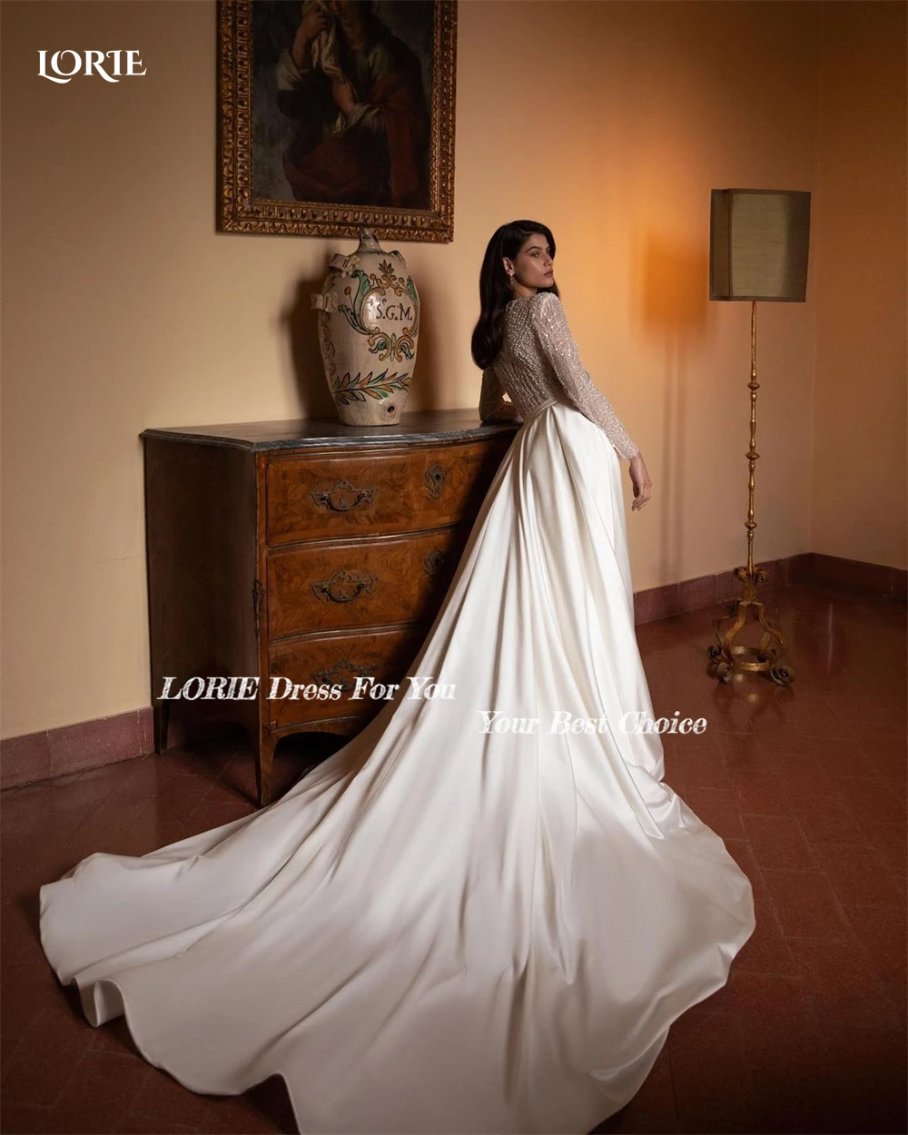 LORIE-vestidos de novia de sirena de lujo con purpurina, mangas casquillo, cuello en V profundo, abertura lateral, tren de satén desmontable