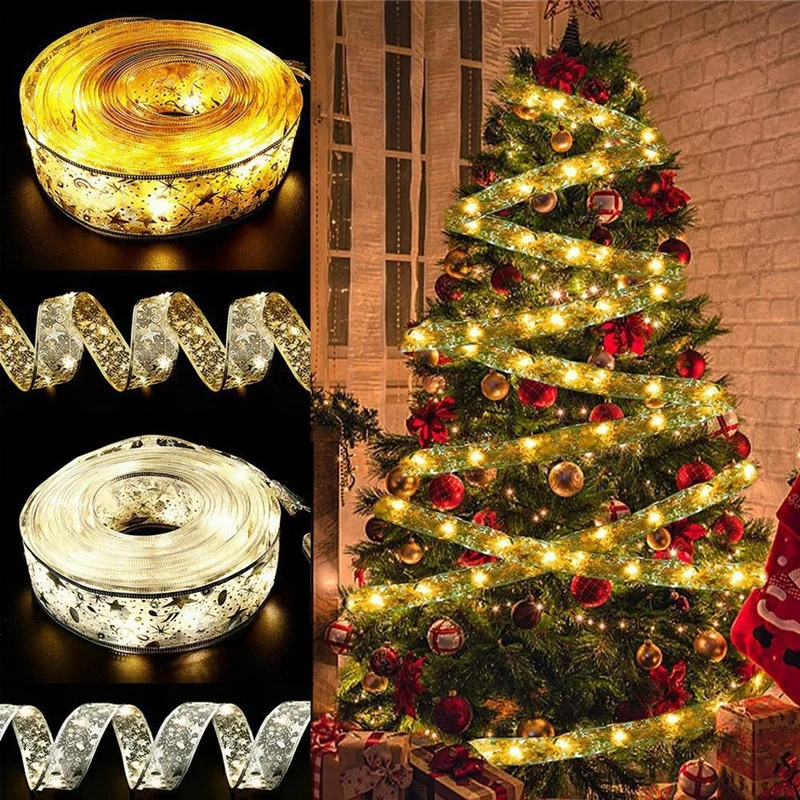 10m/5m/2m Christmas Ribbon LED Lights Christmas Tree Lighting Bows Ornaments Home Holiday DIY String Lights New Year Decoration