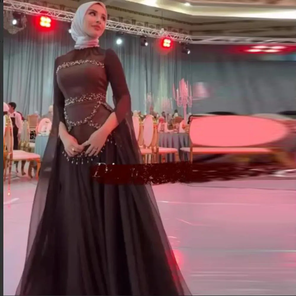 

Customized Brown Cape Sleeve Muslim Evening Dresses High Neck Full Sleeves Formal Abiye Gown A Line Chiffon Islamic Maxi Dress