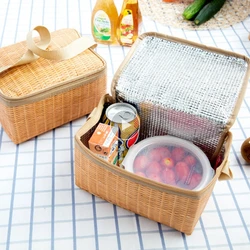 Outdoor Portable Wicker Rattan Picnic Bag, Waterproof Tableware, Insulated Thermal Cooler, Food Container, Basket for Camping