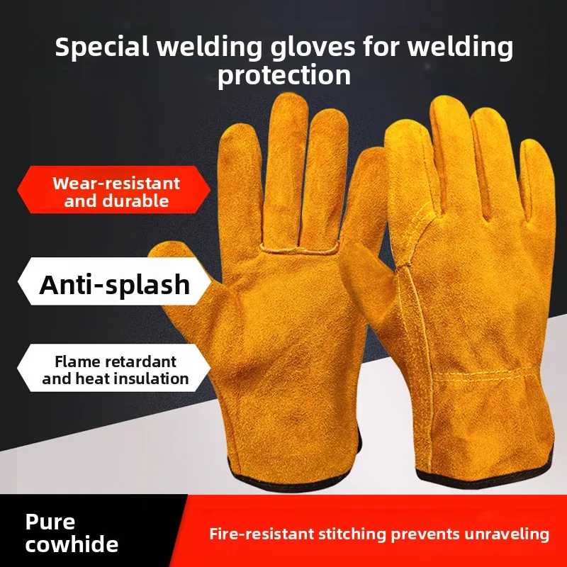 Labor protection welding gloves cowhide high temperature resistant anti-scalding short welder soft leather protective gloves