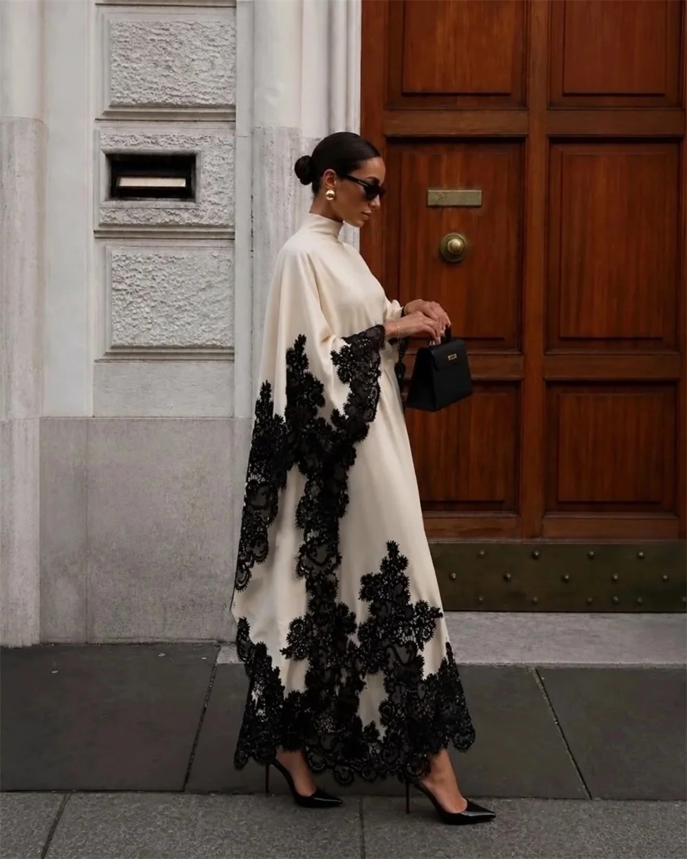 Contessa Custom Off White High Neck Evening Dress Floral Lace Trim Prom Dresses Satin Vestidos De Noche Modest Formal Evening