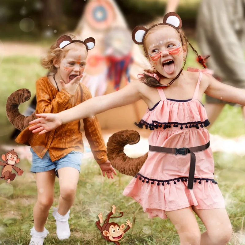 Set di coda per copricapo con orecchie di scimmia Accessori decorativi per animali carini Accessori per feste per ragazzi e ragazze Abiti per spettacoli teatrali di carnevale