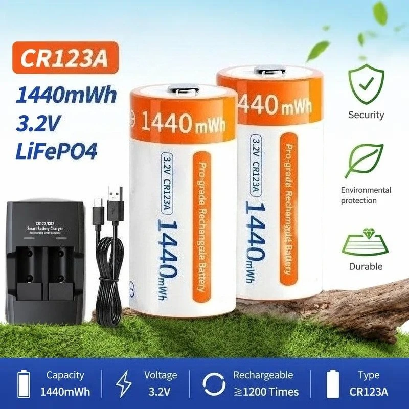 for CR123A LiFePo4 Battery 3.2V 1440mWh Rechargeable with Charger for Camera GPS Tracker Telescopes Electric Smoke Alarm