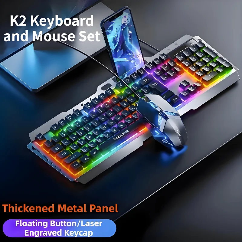 

K2 Wired Keyboard Mouse Set Metal Panel RGB Backlight Waterproof Ergonomic Multimedia Buttons 104 Keys Keyboard for Game Office