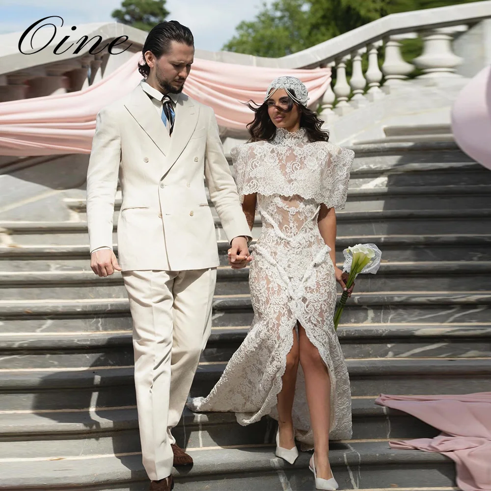 Oine Sexy Lace Sheer Mermaid Wedding Dress Customized Bohemian Slit Backless Bridal Gown Lawn Wedding Engagement Dress 2026