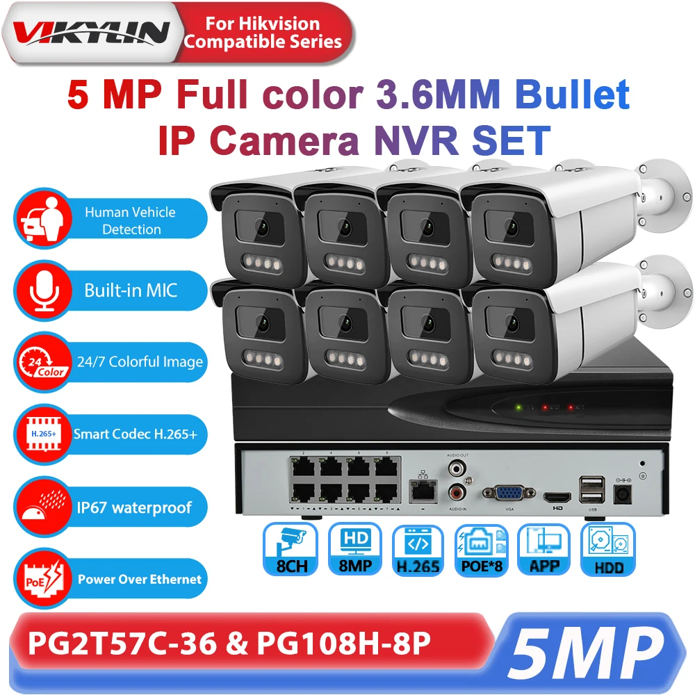 Vikylin 5MP 3.6mm lens Full color IP Camera 8CH 4K Ultra HD NVR HDD Video Recorder Surveillance Security Camera CCTV System Kit