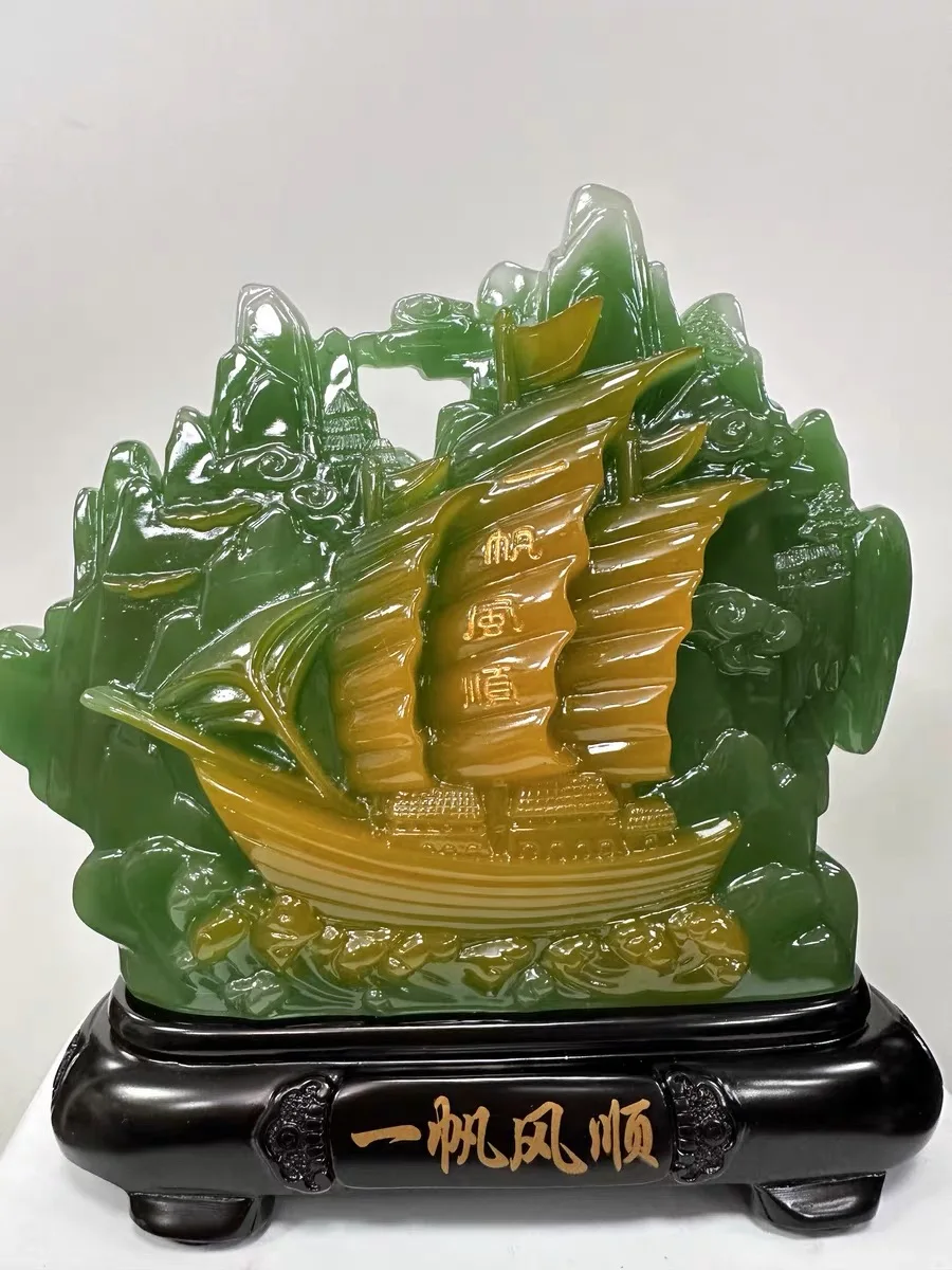 GOOD LUCK Everything goes well work business 2023 HOME OFFICE BAR CLUB Auspicious Decorative Ornaments RESIN JADE Sailboat ship