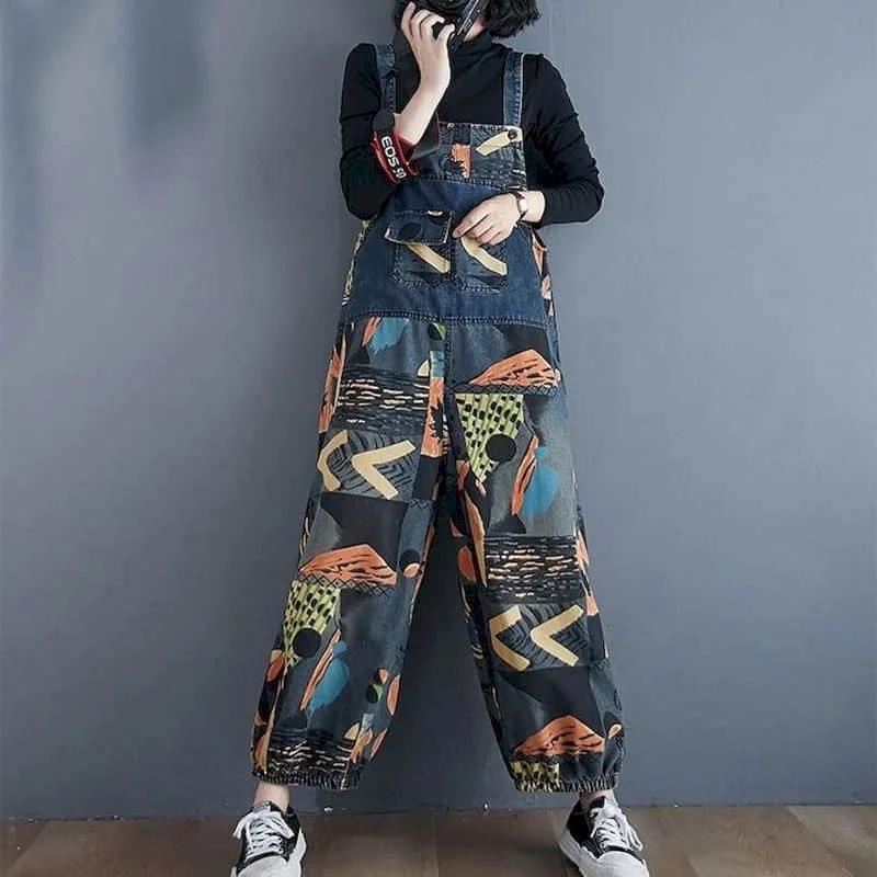 

Printed Jumpsuits for Women Pocket Design Harem Pants Vintage One Piece Outfit Women Clothing Safari Style Loose Casual Rompers