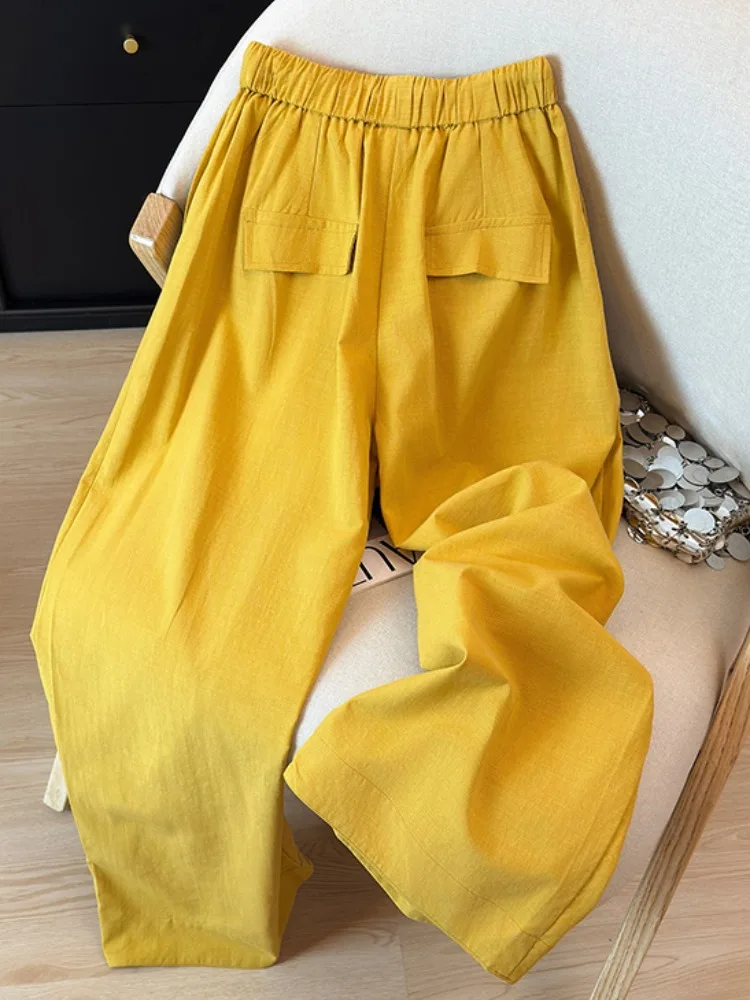 

Легкие хлопковые льняные брюки для женщин цвета имбирно-желтый, с высокой талией, прямого кроя, укороченные, летние