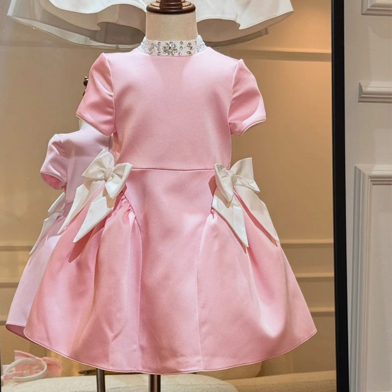 2026 Baby Girl First Birthday Party Gown White Pink Satin Princess Dress Girls Christening Pageant Formal Celebration Clothes