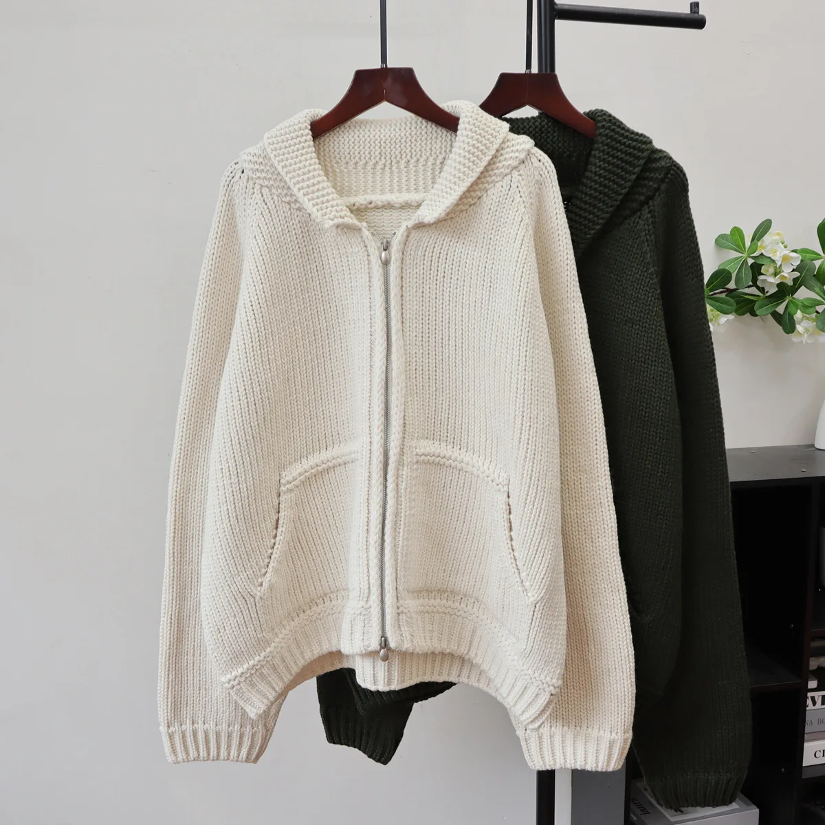 

Knitted Cardigan Sweaters Women Solid Jumpers Double Zipper Pocket Turn Down Collar Long Sleeves Loose Casual 2025 Autumn Winter