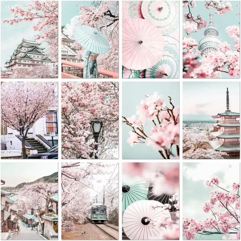 

CHENISTORY Diamond Embroidery 5d Set Cherry Blossom Scenery In Japan Diamond Painting Mosaic Wall Decor