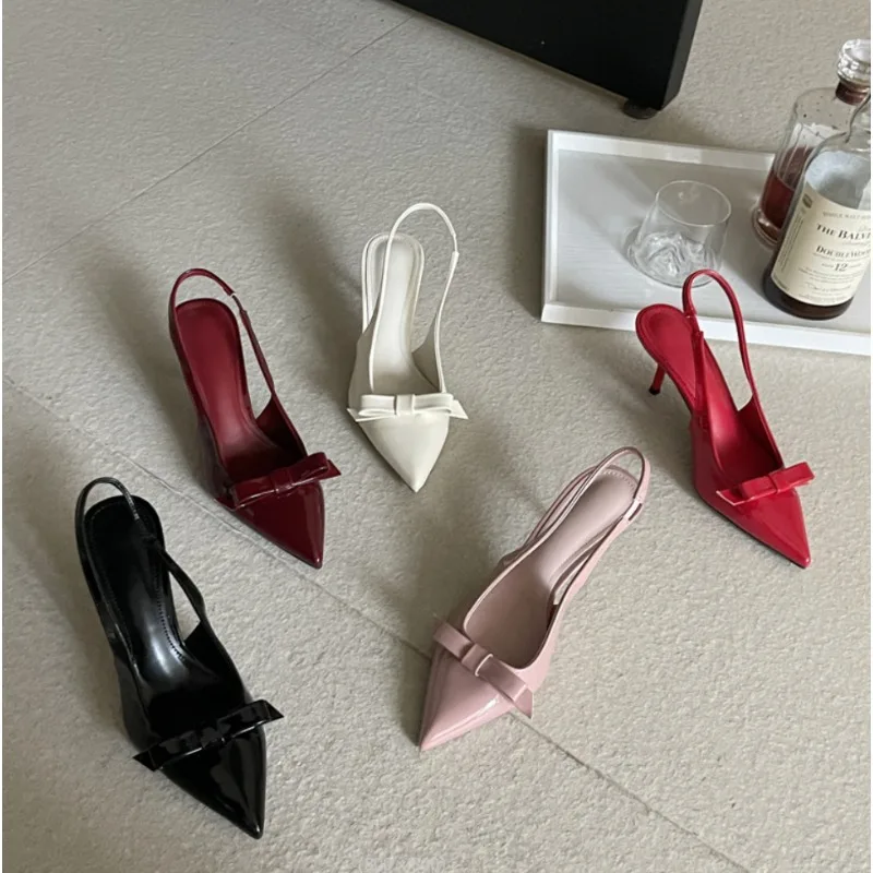 New Style Fashion Design Slingbacks Butterfly-knot Women Pumps Sexy Pointed Toe Thin Heels Stripper Party Shoes Large Size 35-43