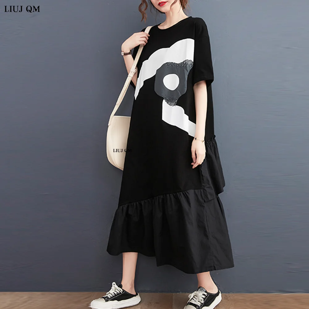 Vestido de manga corta de algodón negro para mujer, vestido largo holgado informal con estampado Vintage, ropa elegante de talla grande para verano, 2023