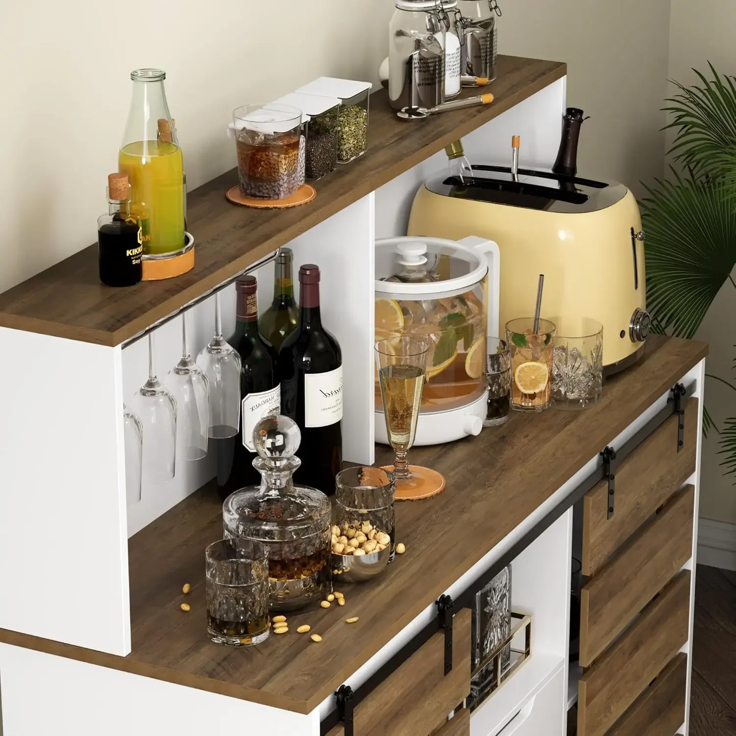 Hostack farmhouse Coffee Bar cabinet, 47 "ตู้บุฟเฟต์ตู้เก็บของประตูโรงนาตู้ไวน์บาร์