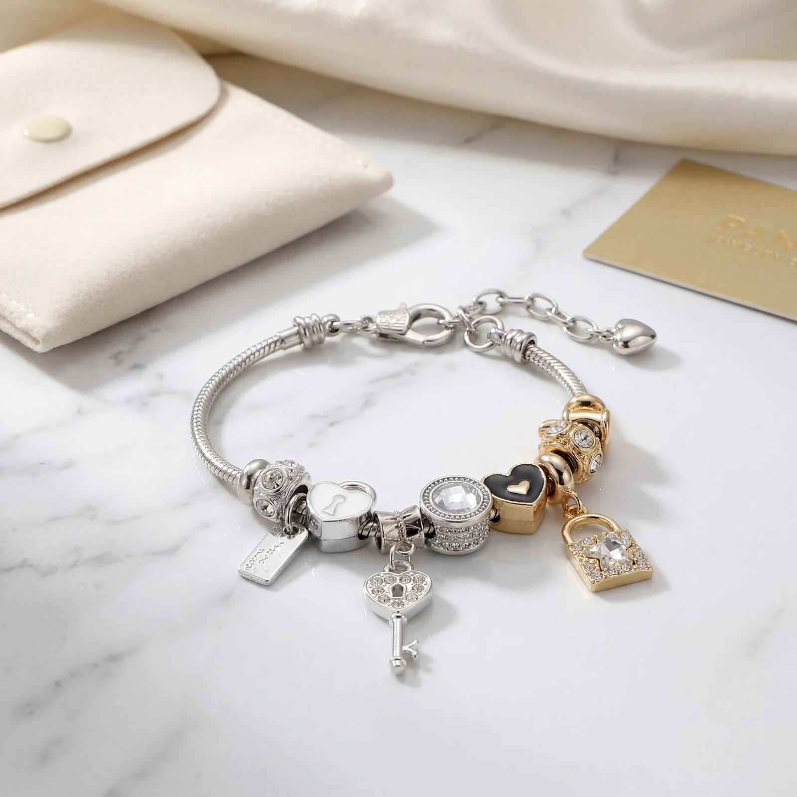 Silvery Adjustable Bracelet with Synthetic Zircon Lock & Key Charms for Women Romantic Jewelry Gift