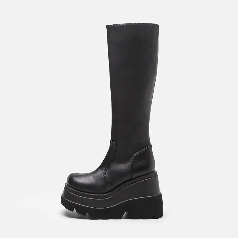 Women Wedge Heel Short Gothic Style Thick Soled Long Boots Motorcycle Rider Over-the-Knee Chunky Slimming High Boots
